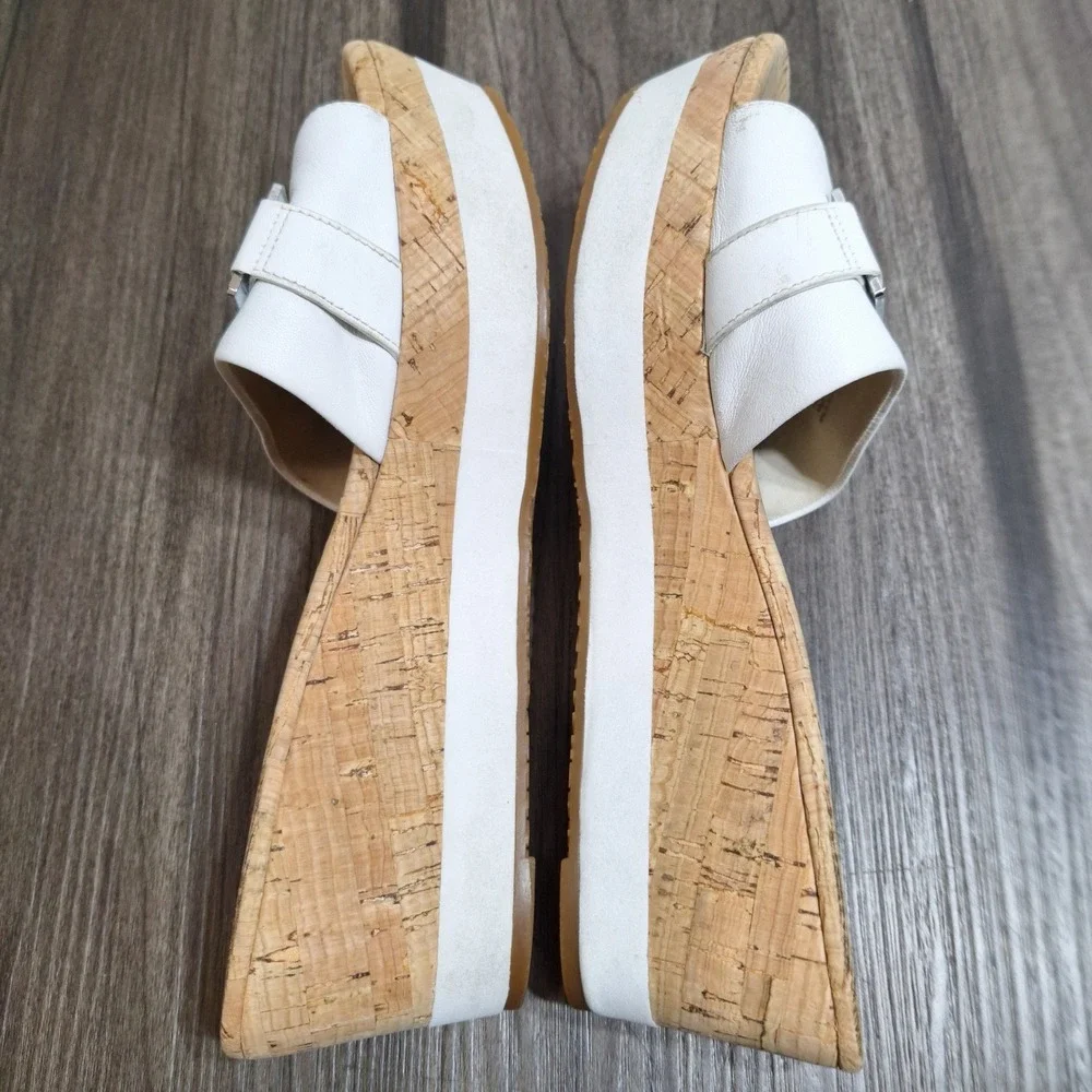 Michael Kors White Leather Cork Platform Wedge Slide Sandals Silver MK Logo 9M